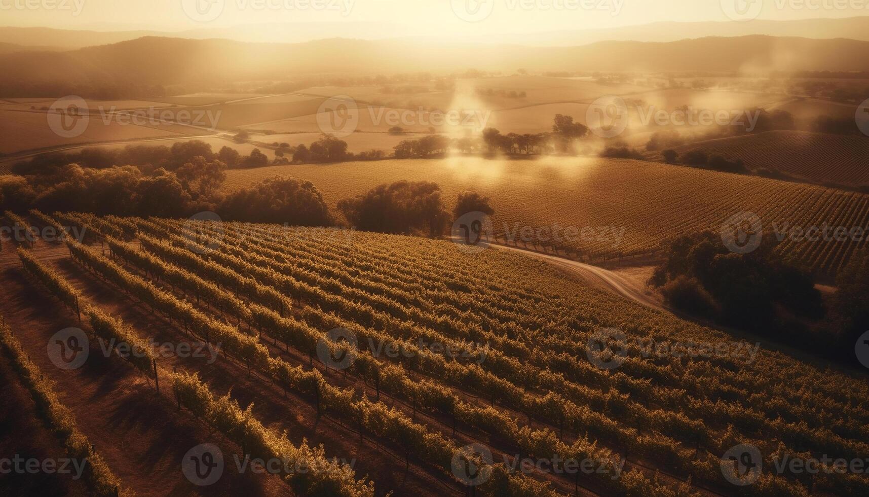 Golden wheat fields glow in the sunset generated by AI photo