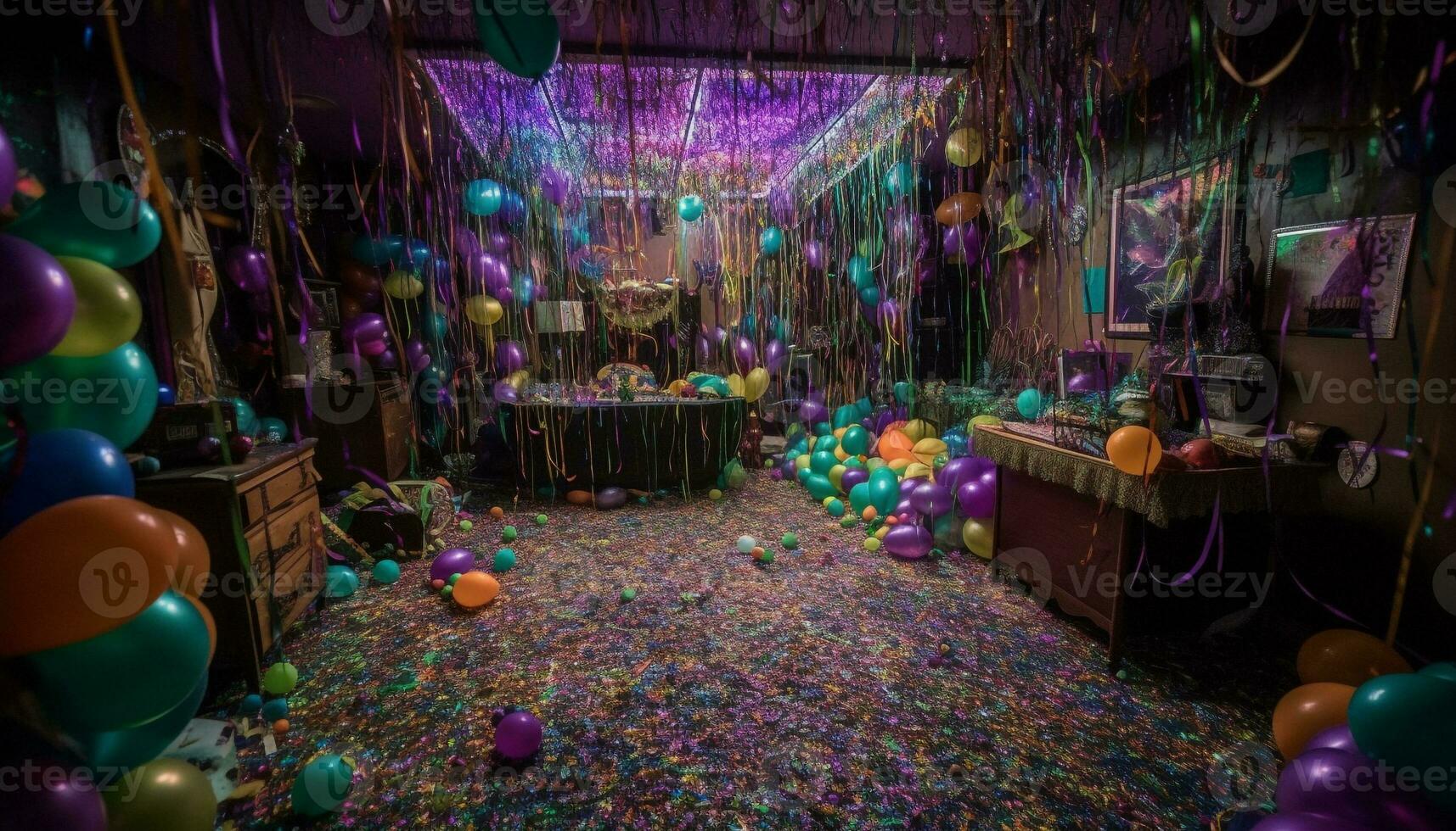 Vibrant colors illuminate fun party decorations indoors generated by AI photo