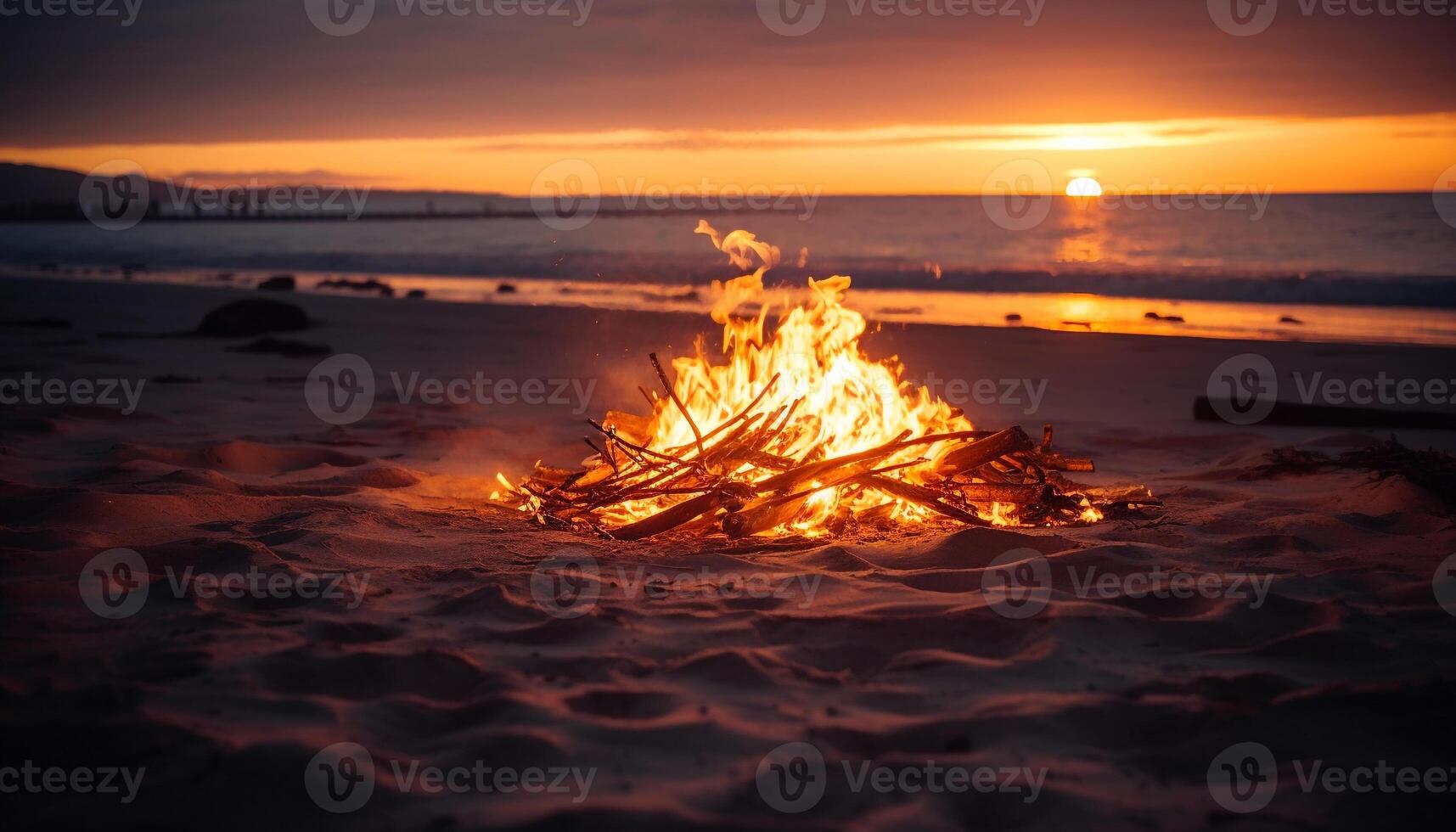 ardiente hoguera en arenoso playa a oscuridad generado por ai foto