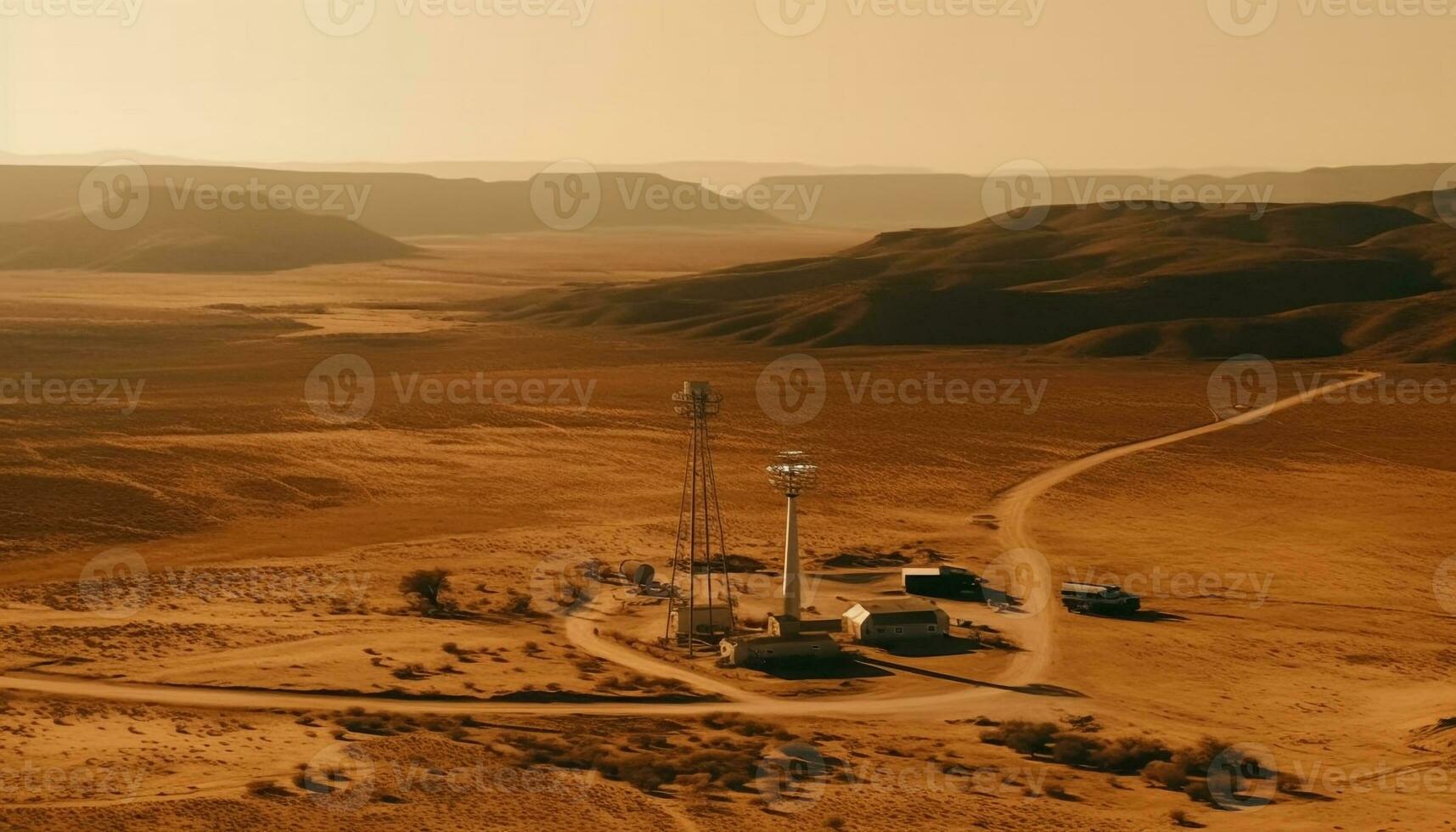 Sunset over sand dunes powers wind turbine generated by AI photo