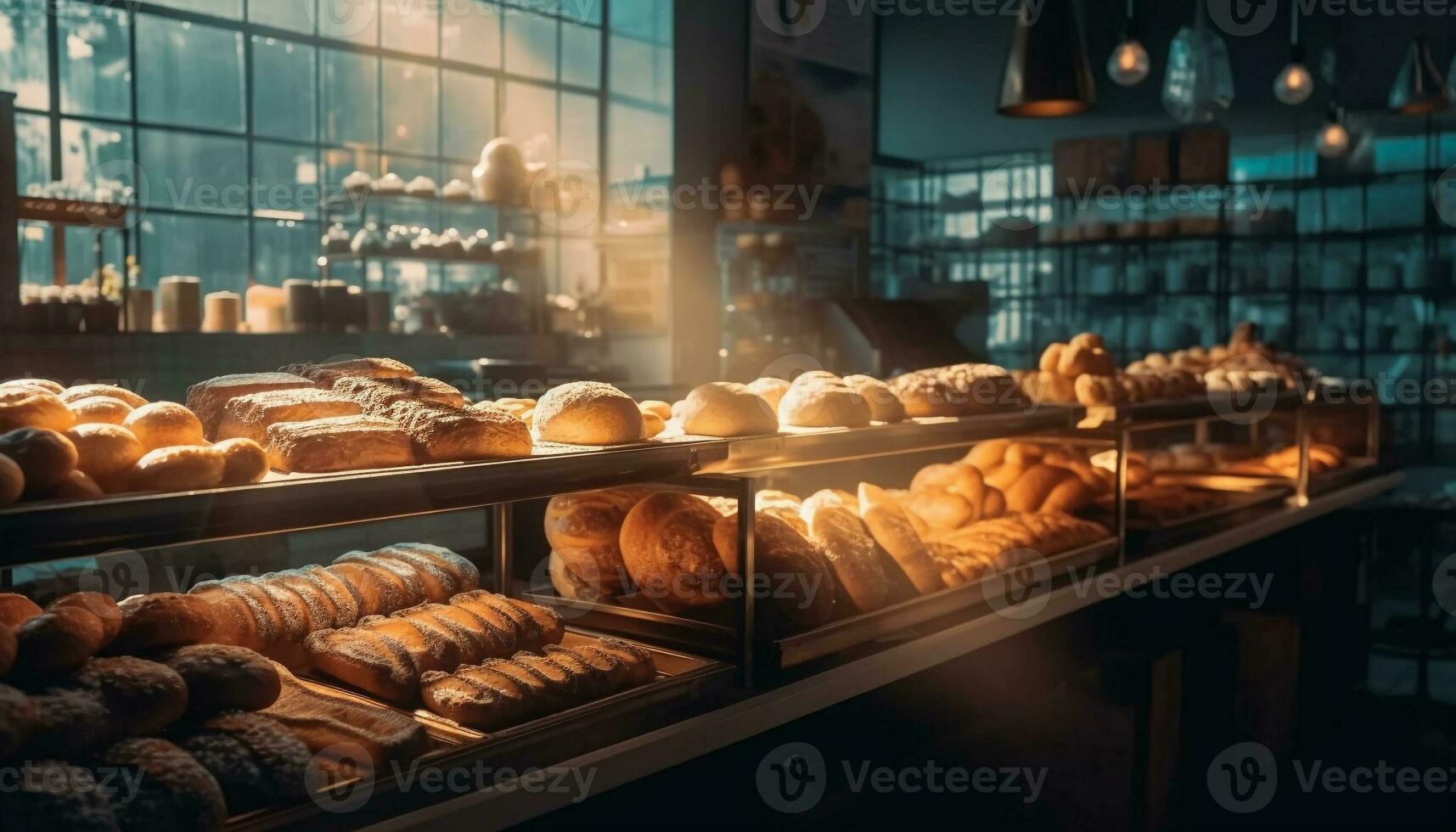 Freshly baked bread and pastries in store generated by AI photo