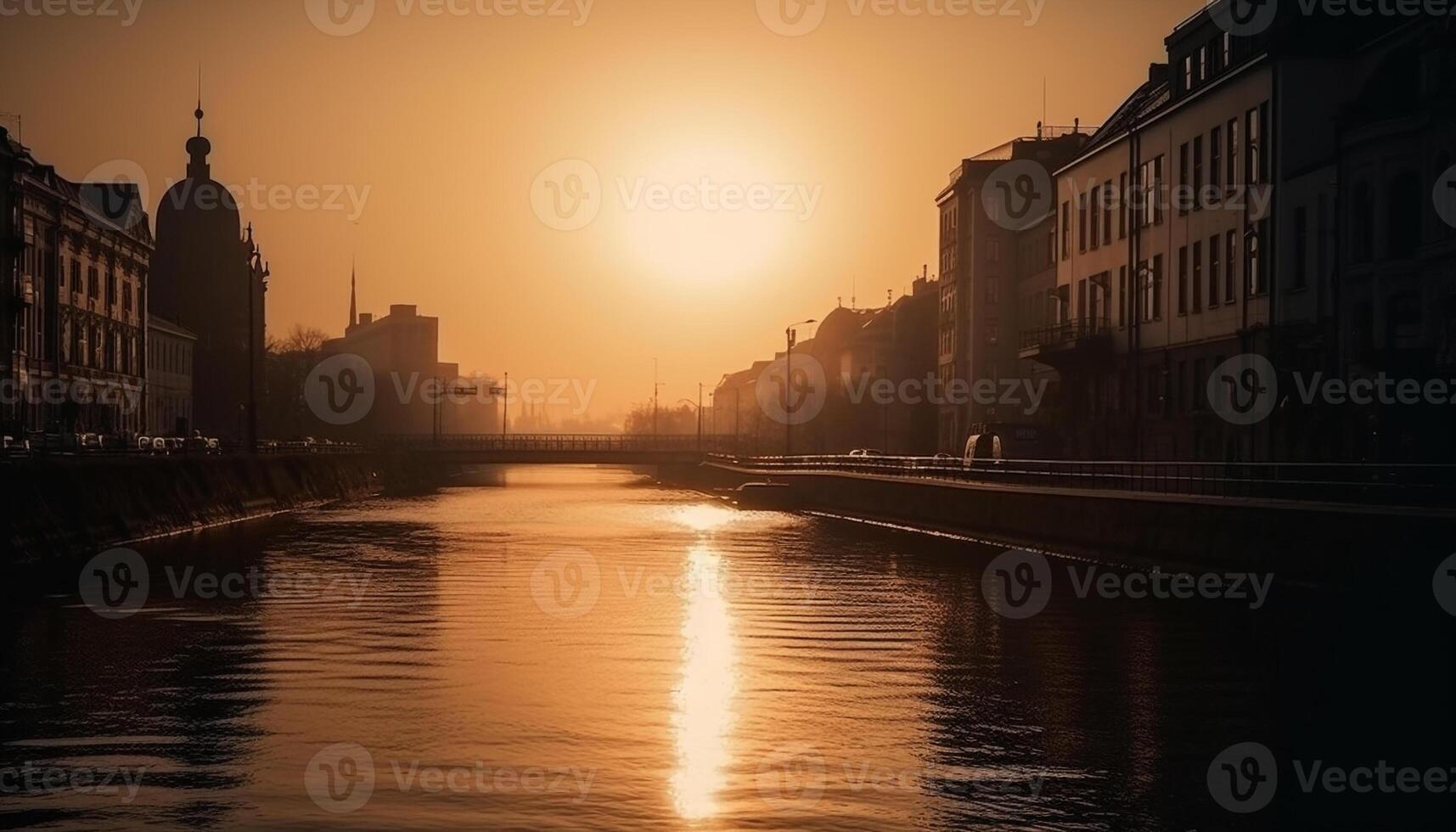 Sunset illuminates famous city skyline over tranquil water generated by AI photo