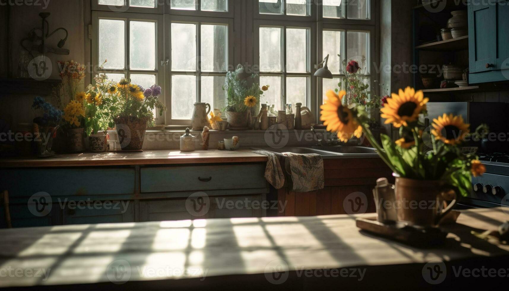 Sunflower bouquet brings rustic freshness to modern kitchen generated by AI photo