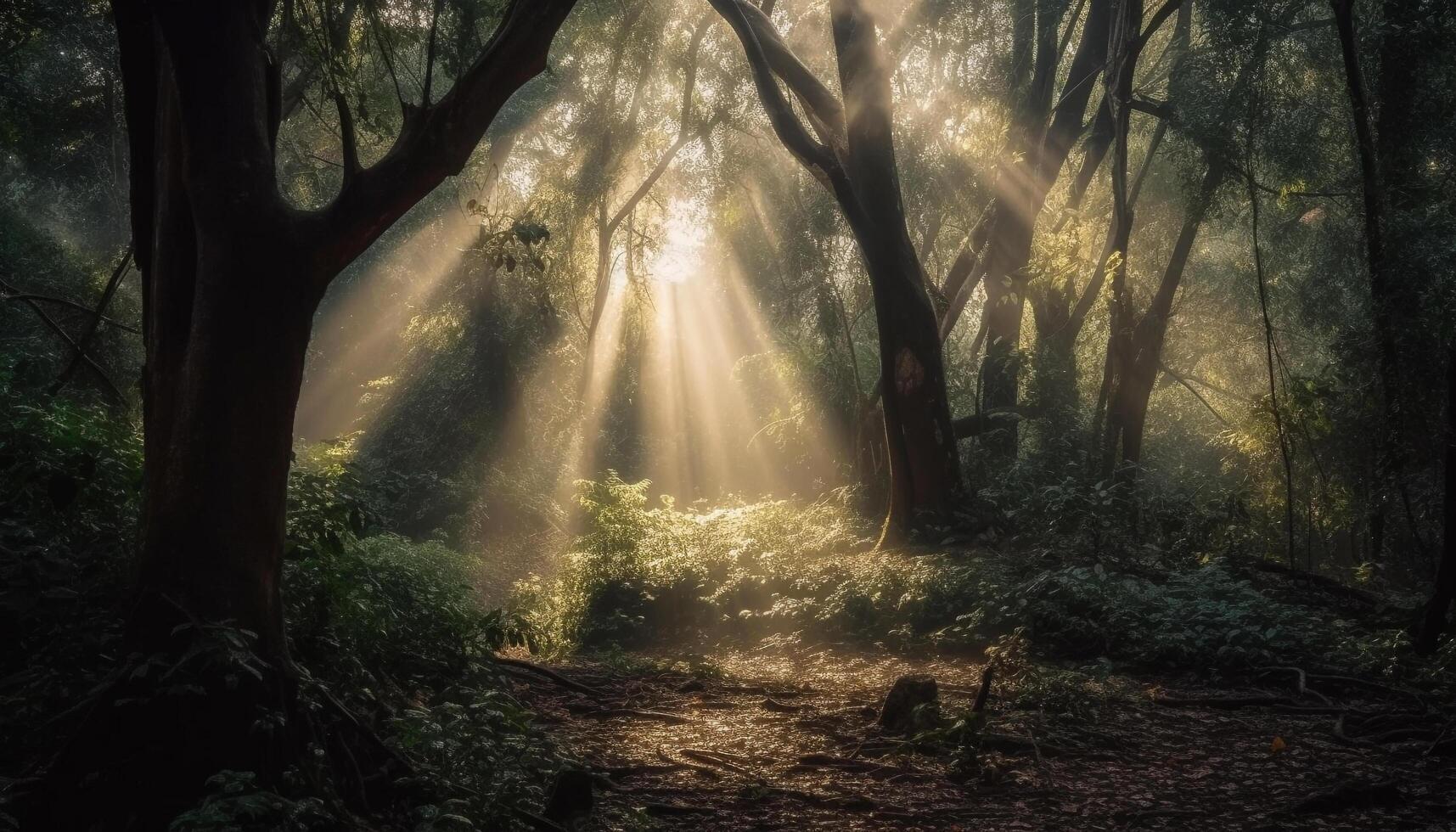 Mysterious forest, spooky fog, tranquil autumn beauty generated by AI photo