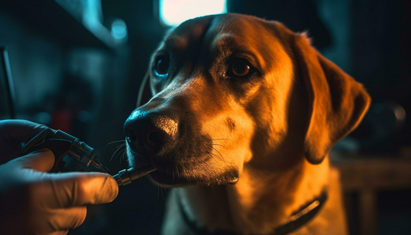 Cute puppy sitting outdoors, looking at camera generated by AI photo