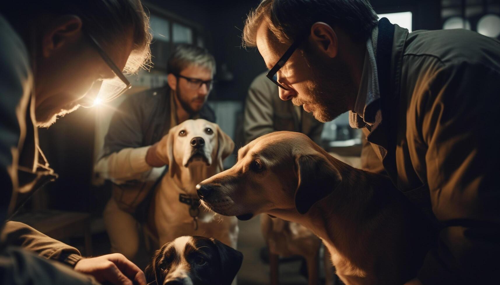 hombres y mujer trabajando juntos con mascotas generado por ai foto