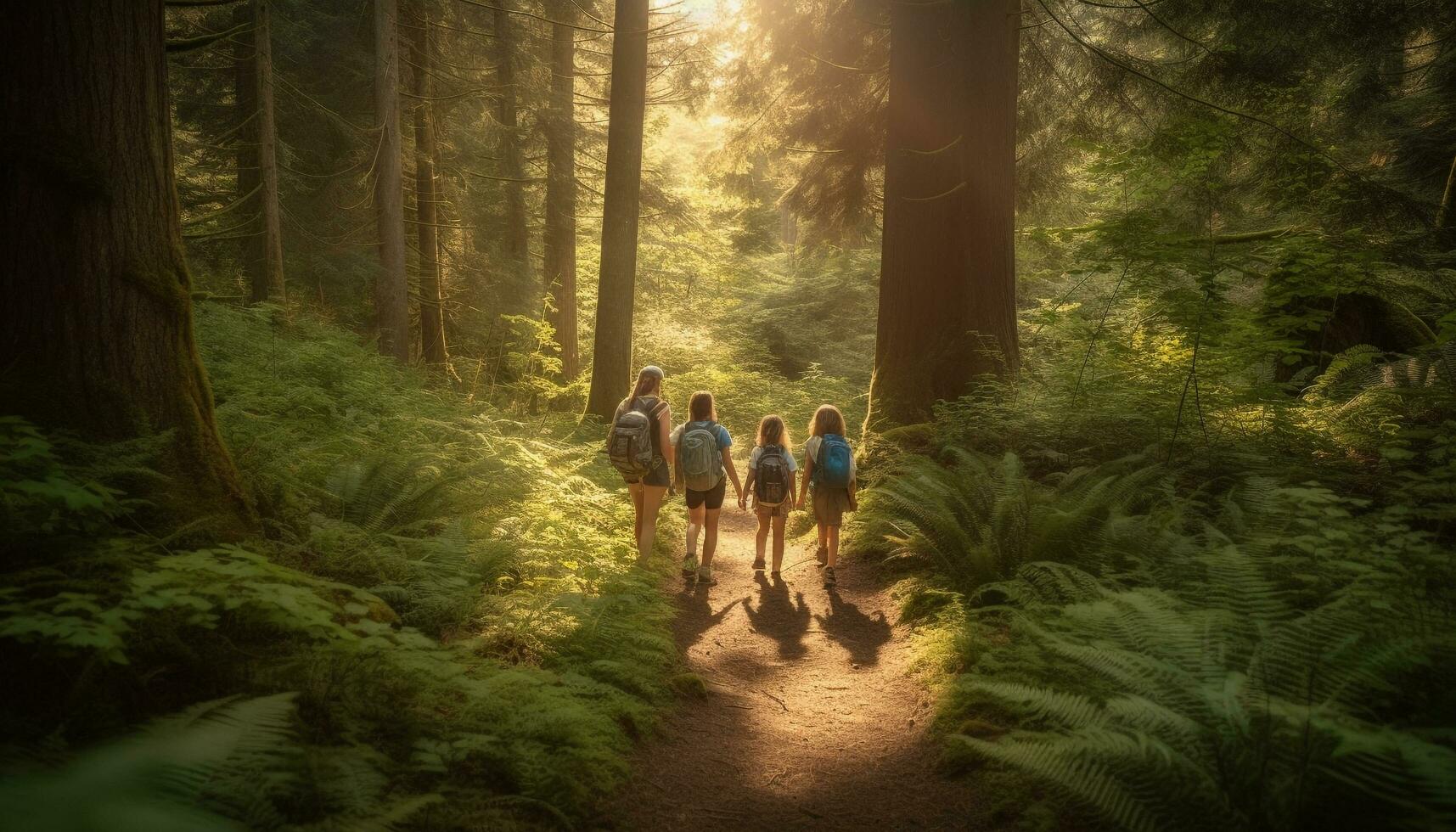 Family hiking through forest, enjoying nature beauty generated by AI photo