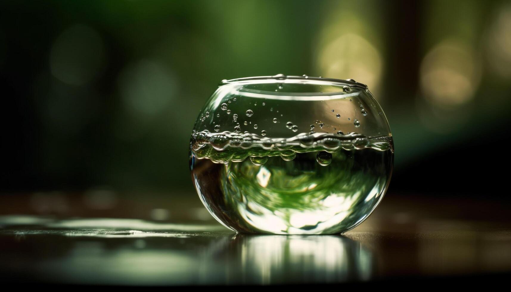 Fresh green liquid drops splash on glass table generated by AI photo