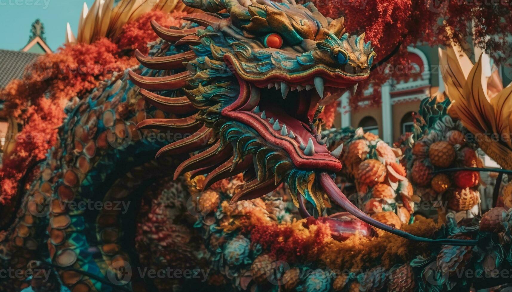 Vibrant dragon sculpture symbolizes Chinese spirituality and culture generated by AI photo