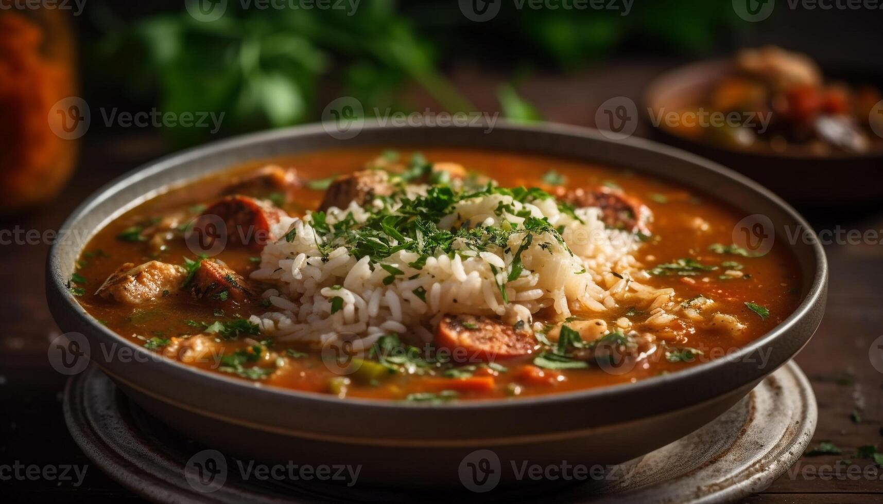 Freshly cooked vegetable soup in rustic bowl generated by AI photo