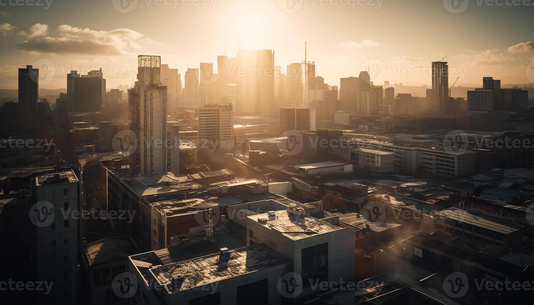 Sunset illuminates modern city skyline, bustling with traffic generated by AI photo