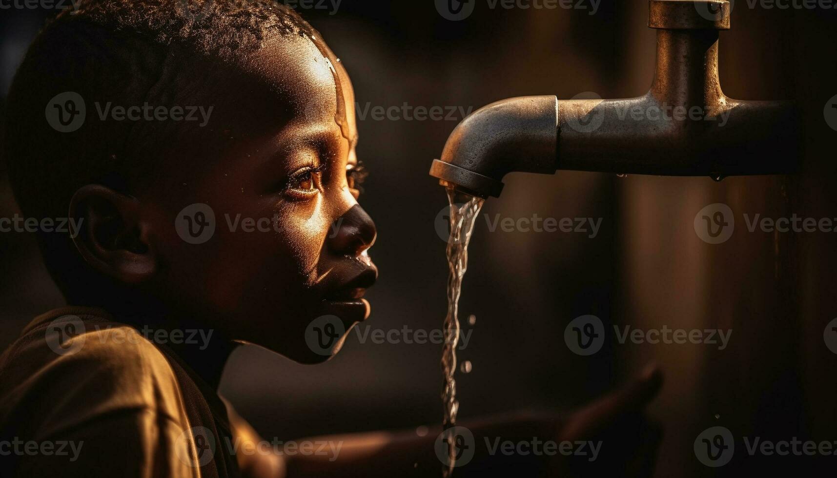 Young African child drinking fresh purified water outdoors generated by AI photo