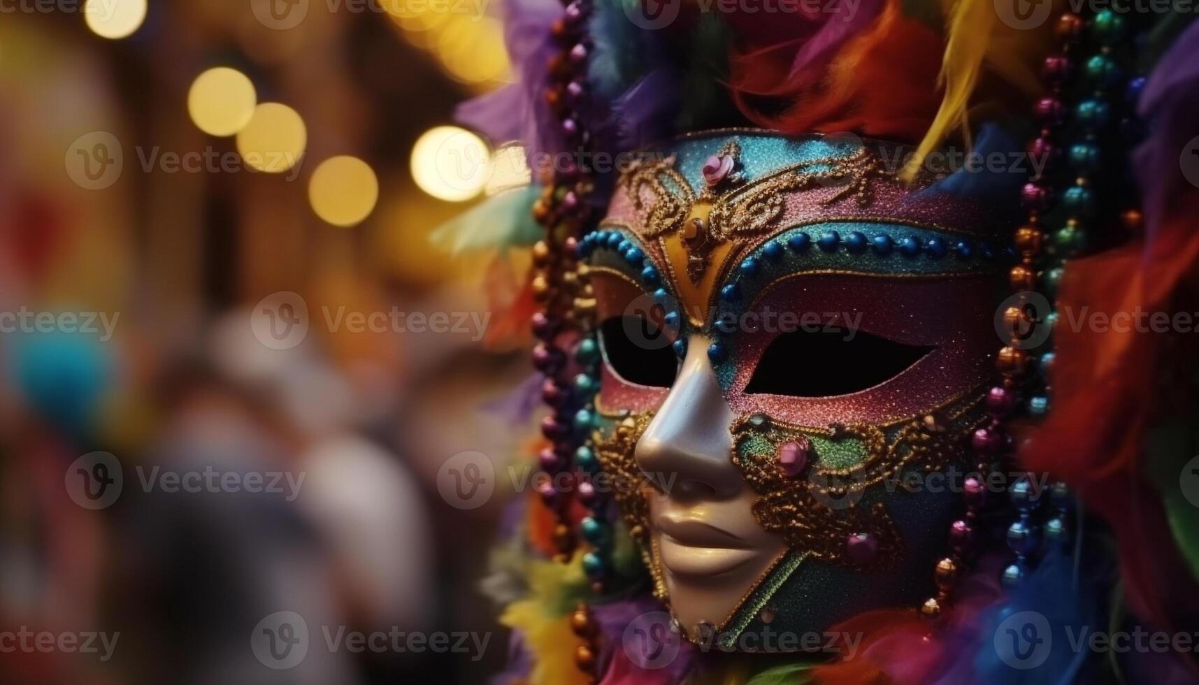 Colorful masks and costumes at Mardi Gras parade generated by AI photo