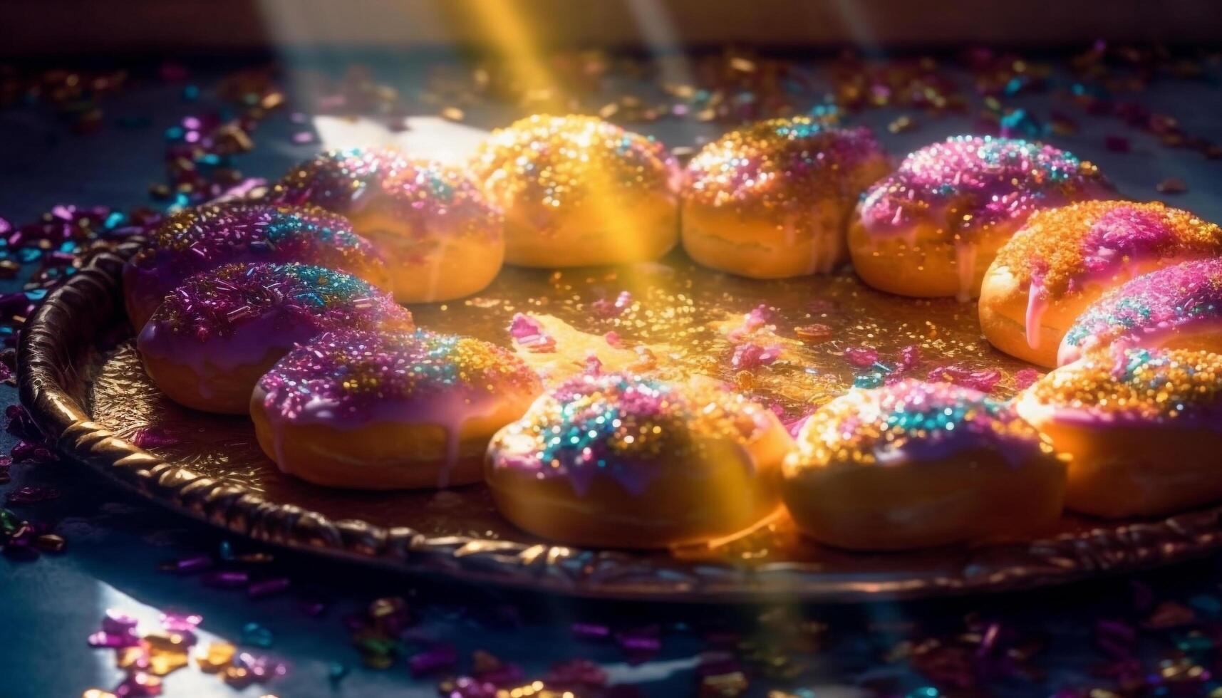 Multi colored donuts on a bright plate generated by AI photo