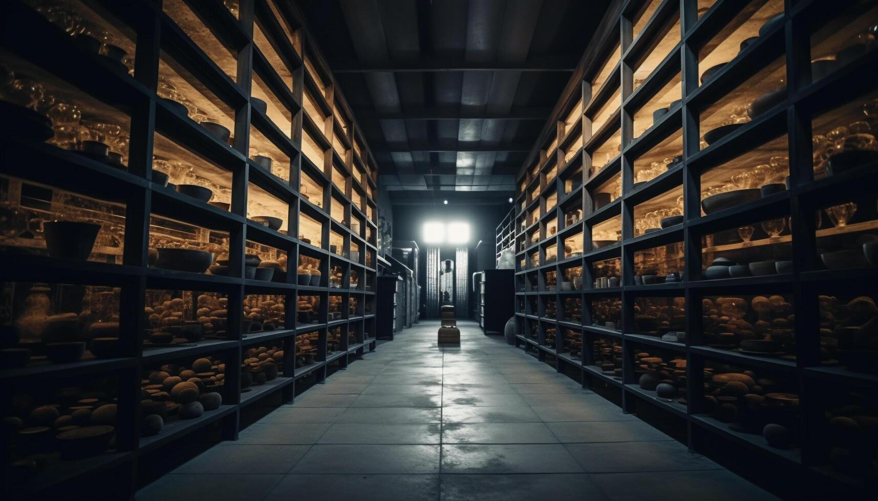 Shelf in a row, vanishing point inside warehouse generated by AI photo