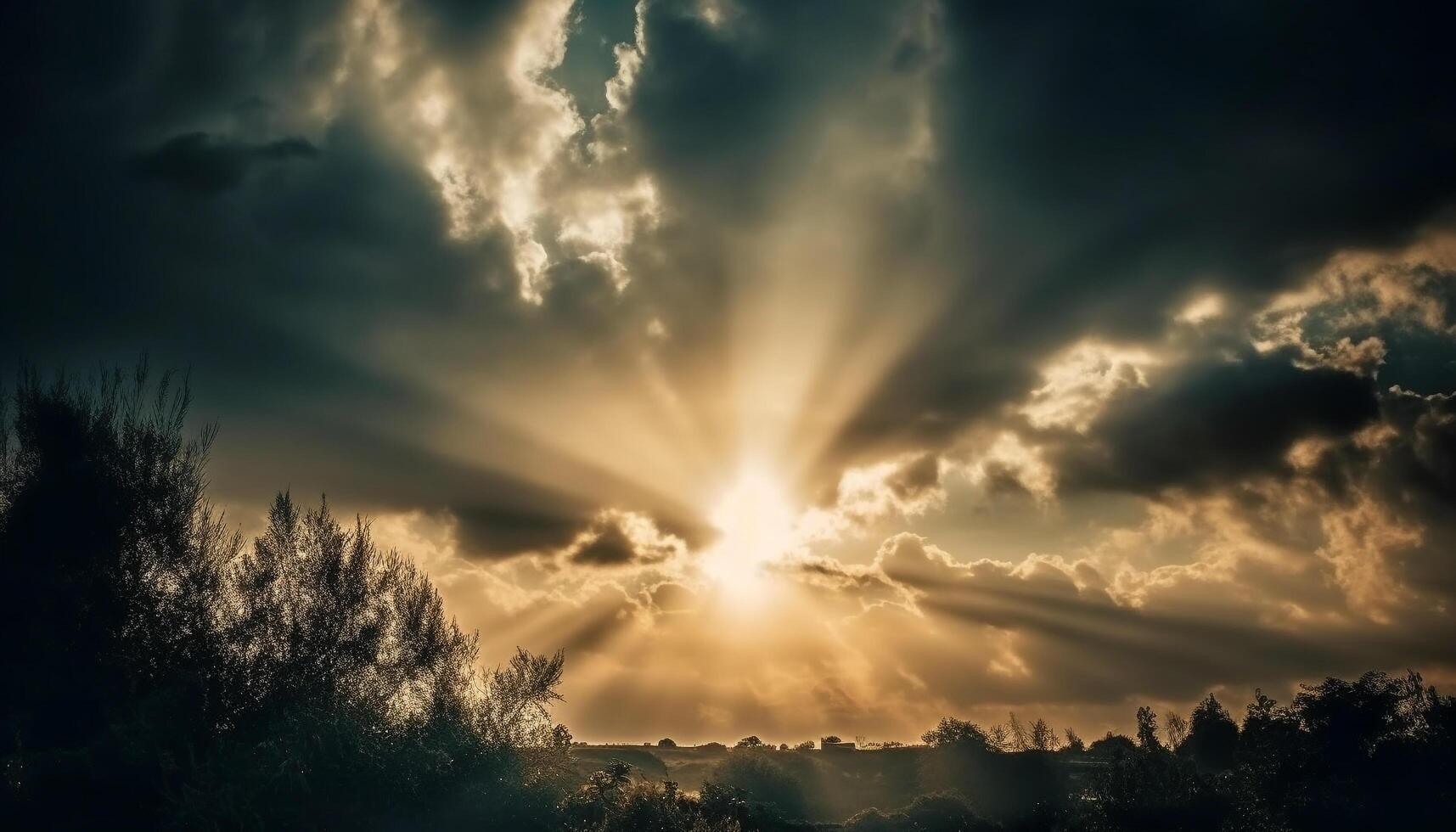 Vibrant sky backlit tree, nature tranquil scene generated by AI photo