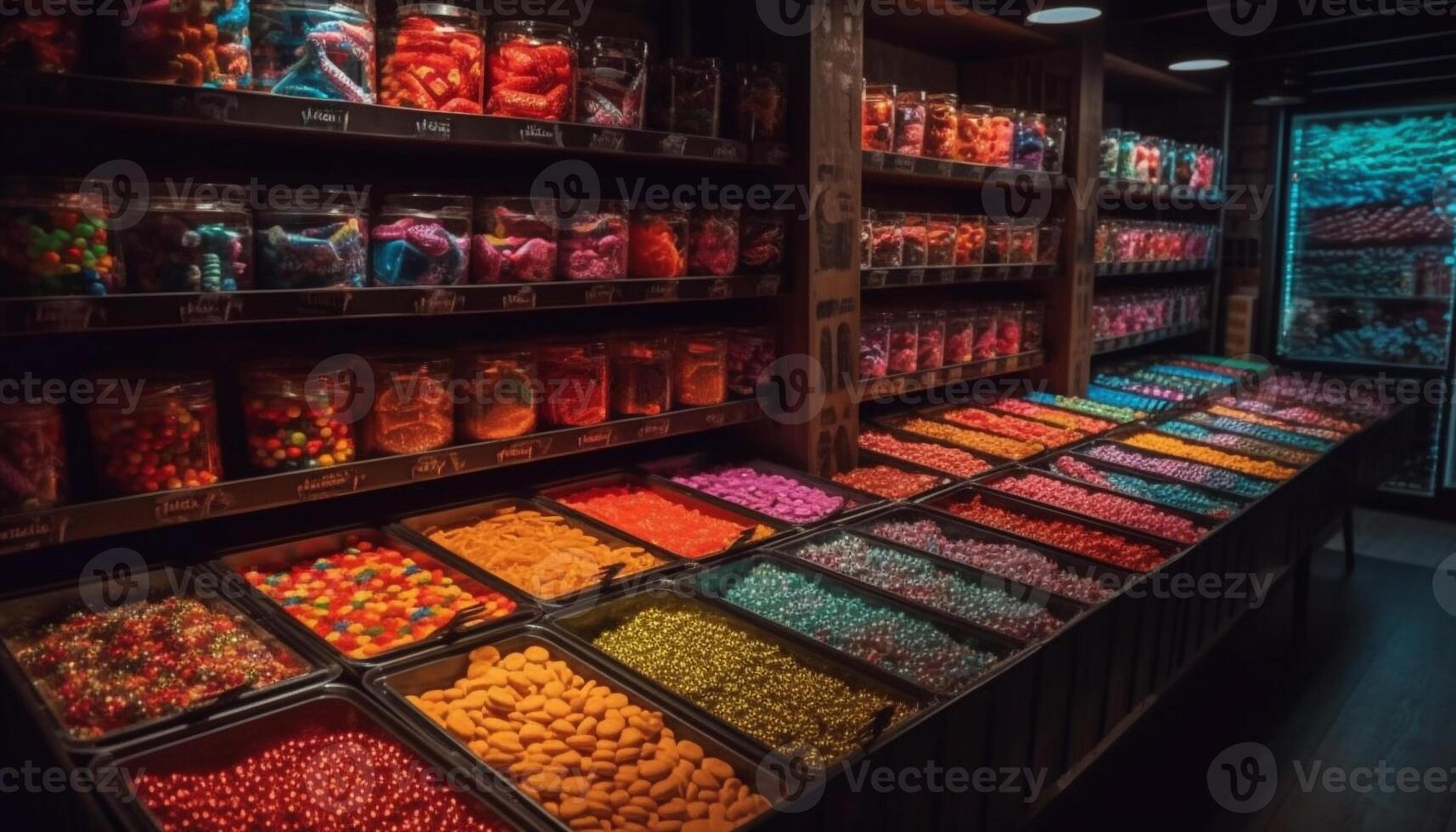 vibrante caramelo y bocadillo paquetes en un fila generado por ai foto