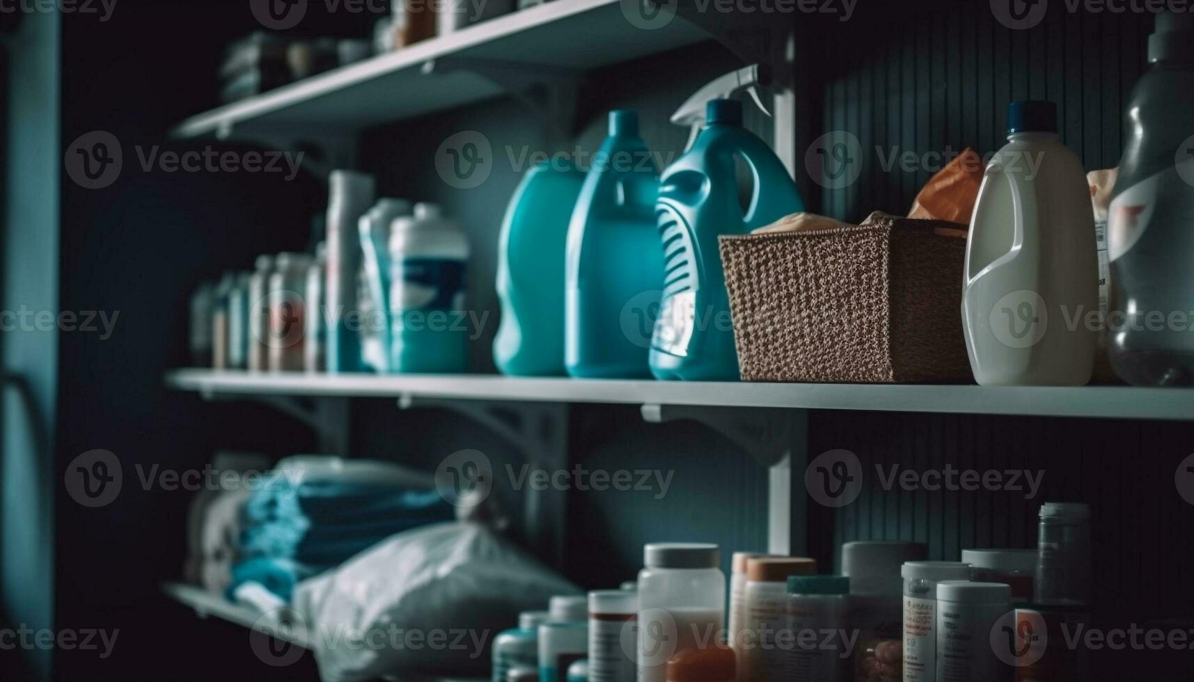 ordenado arreglo de azul botellas en estante generado por ai foto