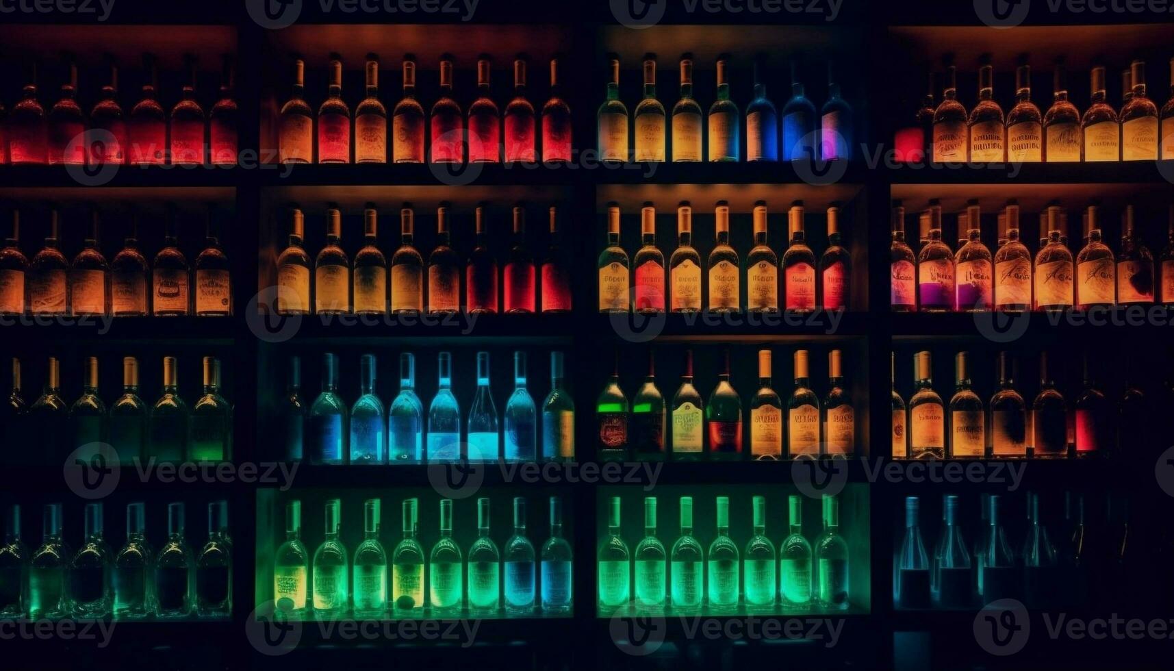 Multi colored wine bottles in a row illuminate celebration generated by AI photo