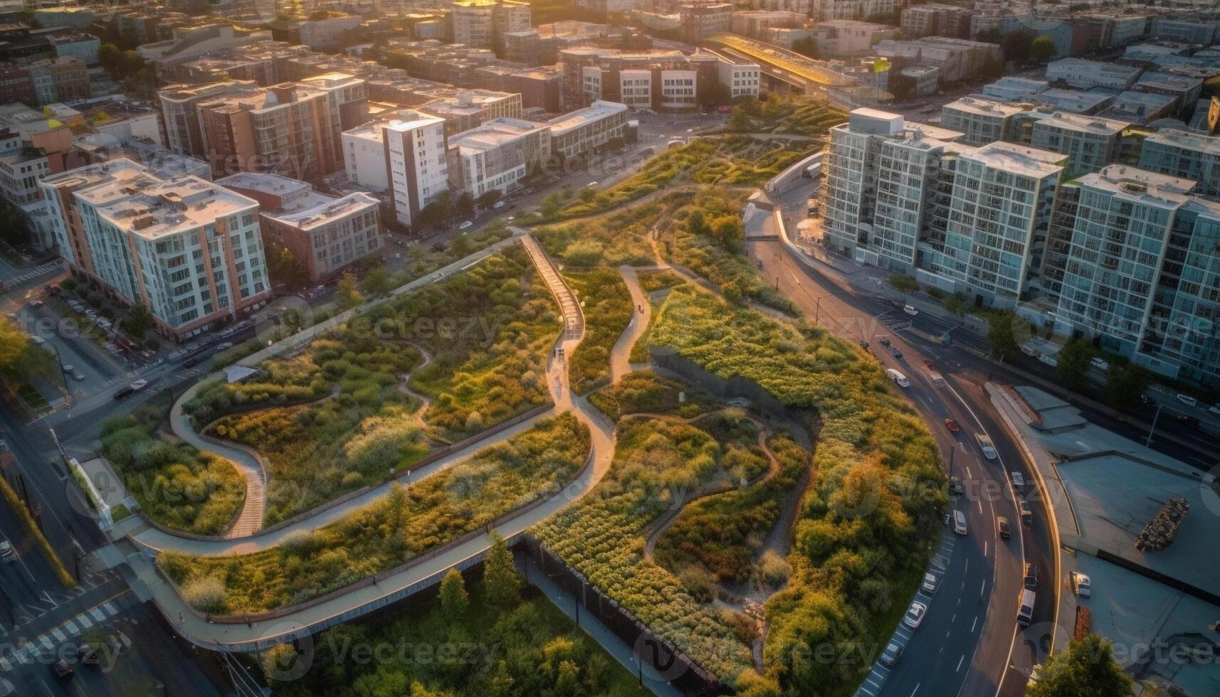 iluminado ciudad horizonte a oscuridad, un difuminar generado por ai foto