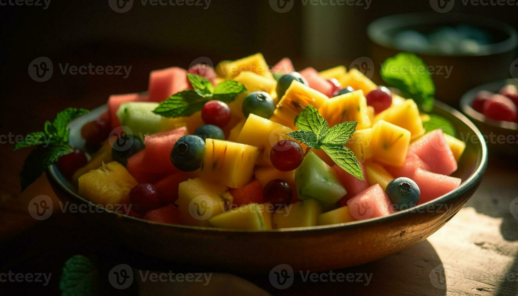 Fresco Fruta ensalada bol, sano gastrónomo comida generado por ai foto