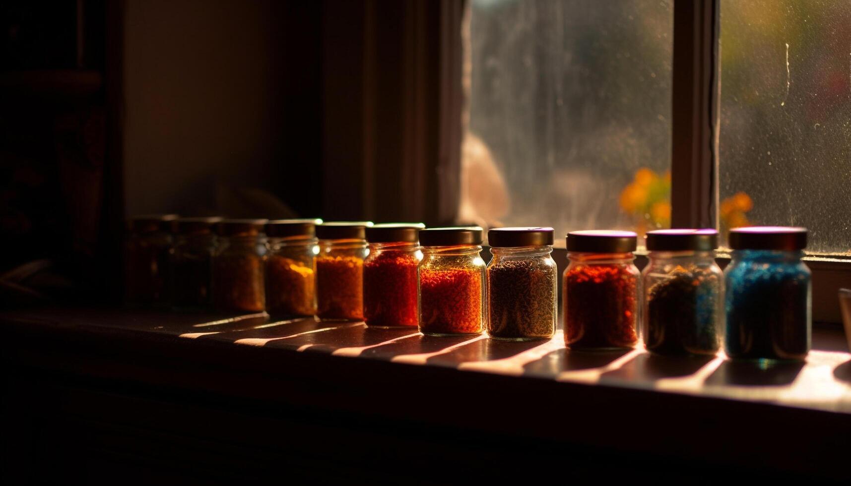 Fresh vegetable seasoning in transparent glass container generated by AI photo