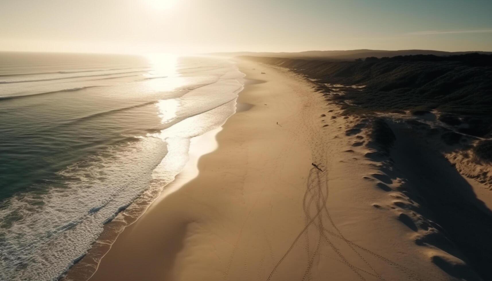 Sunset over tranquil seascape, waves crash gently generated by AI photo