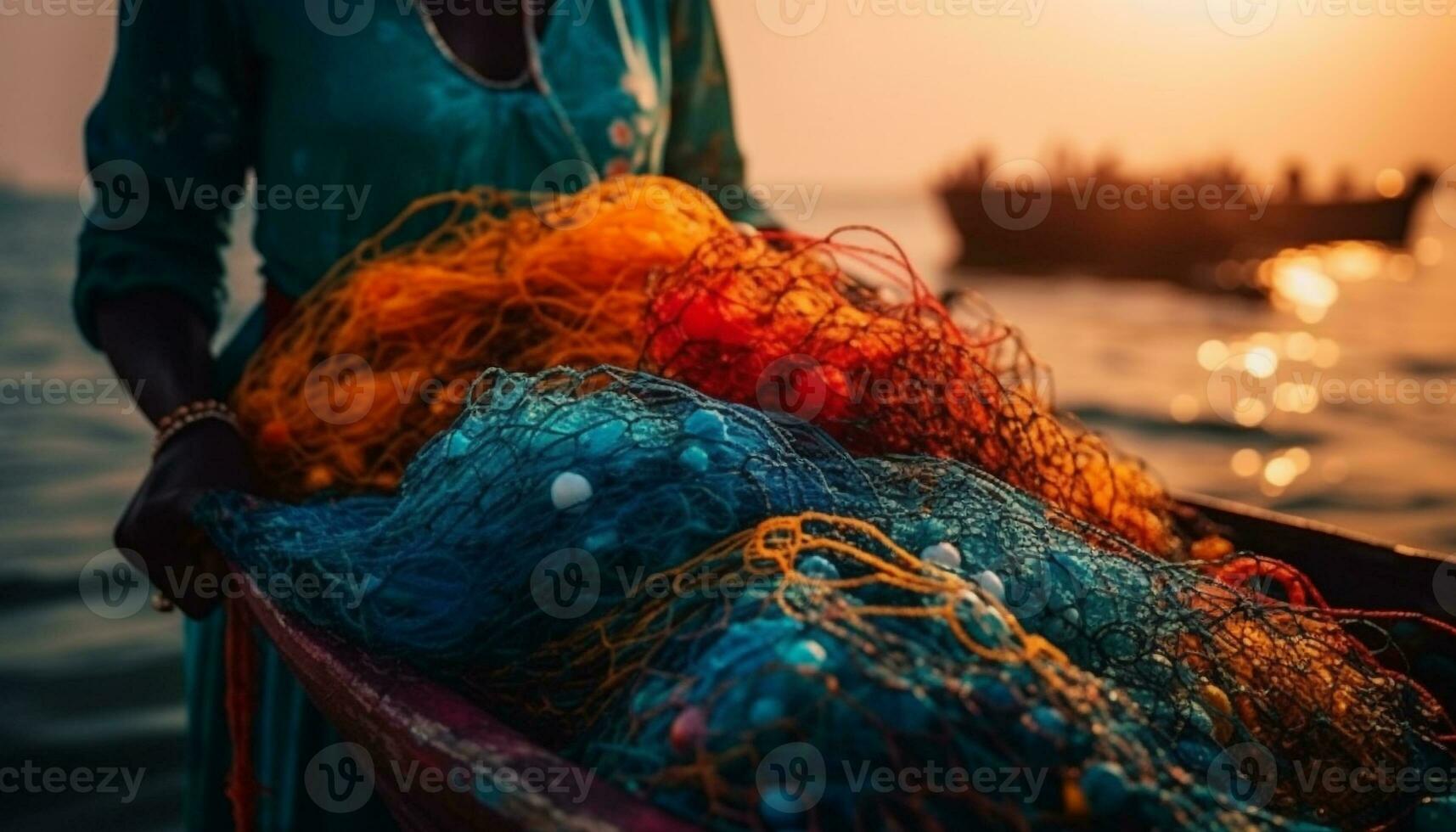 Fisherman holding catch of fish at sunset generated by AI photo