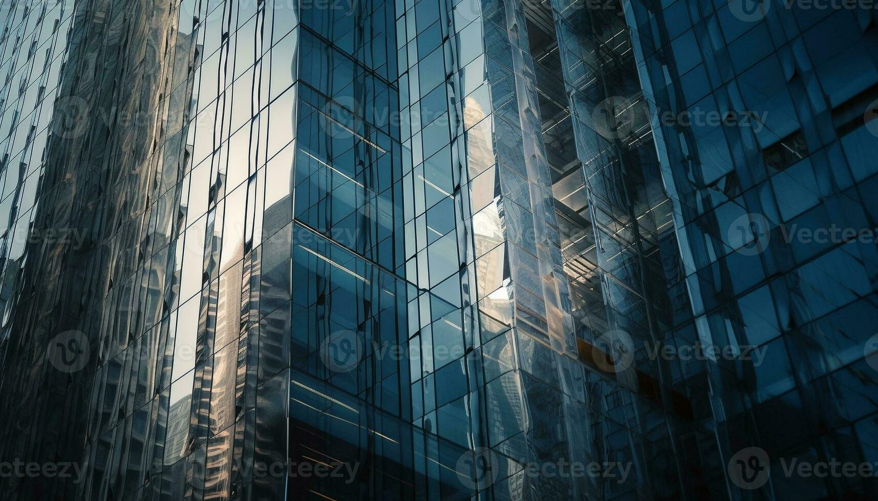 Tall steel skyscraper reflects blue abstract cityscape pattern generated by AI photo