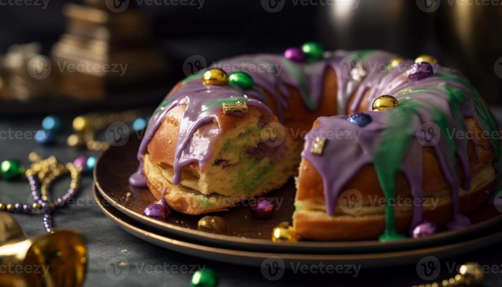 Baked pastry item with chocolate and fruit decoration generated by AI photo