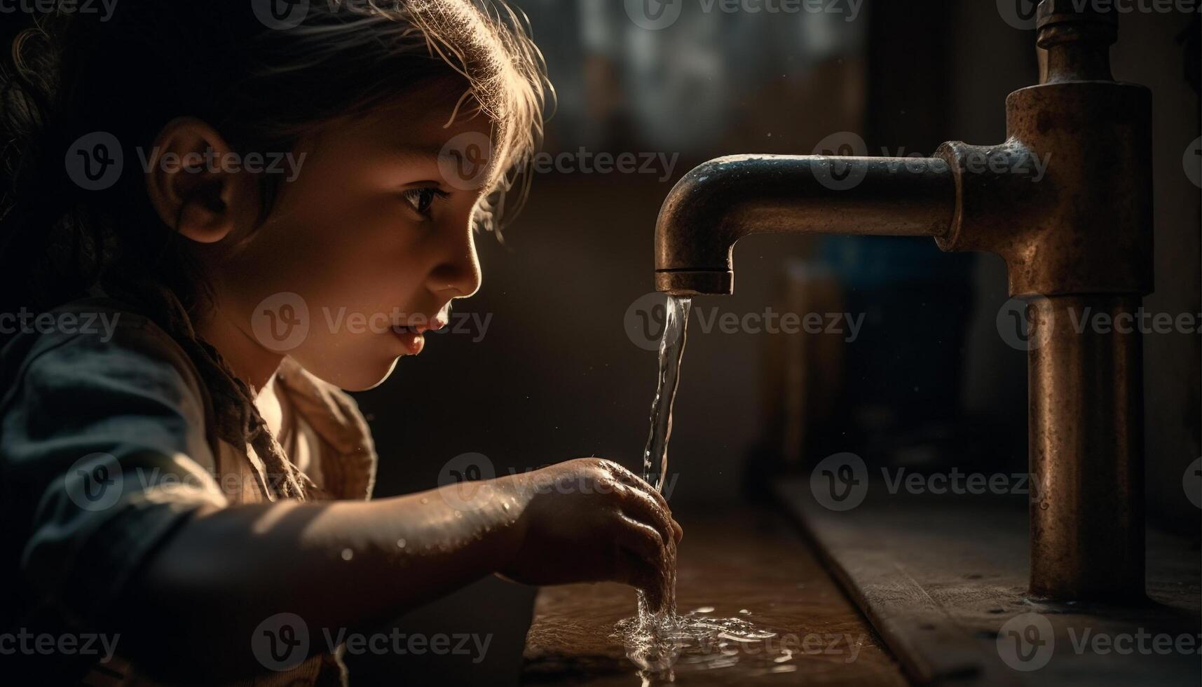 Young girl drinking fresh water from faucet generated by AI photo