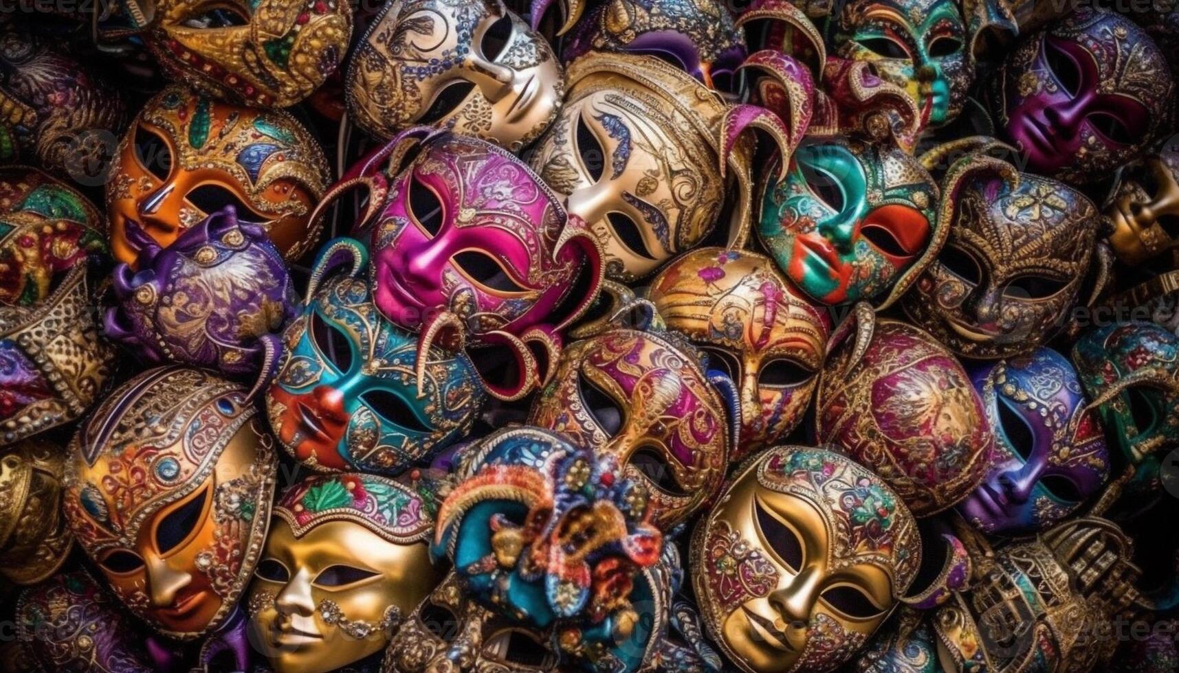 Colorful masks in a row, a souvenir collection generated by AI photo