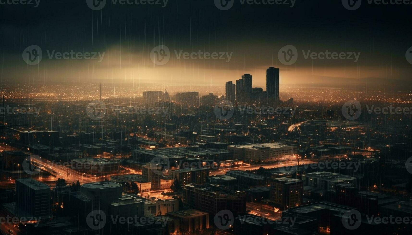 Glowing skyscrapers illuminate the modern city skyline generated by AI photo
