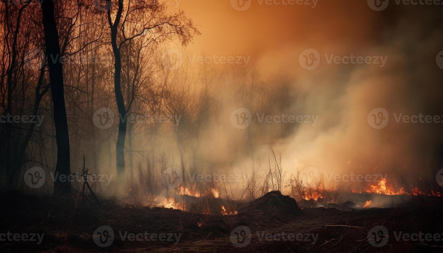 Burning forest fire creates spooky mystery landscape generated by AI photo