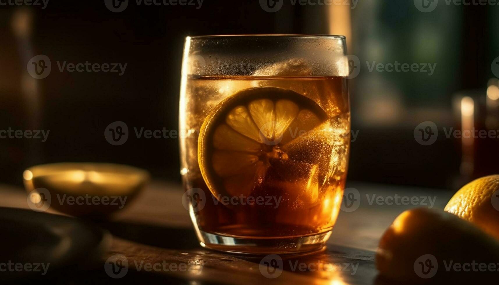 Refreshing cocktail with lemon, whiskey, and ice generated by AI photo