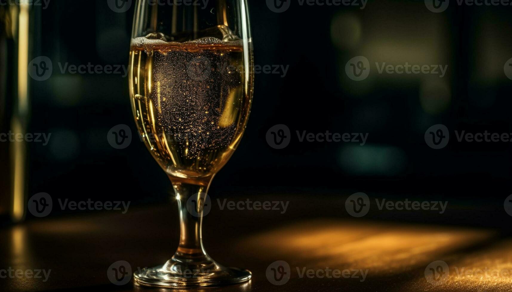 lujo champán en cristal flauta, iluminado bar generado por ai foto