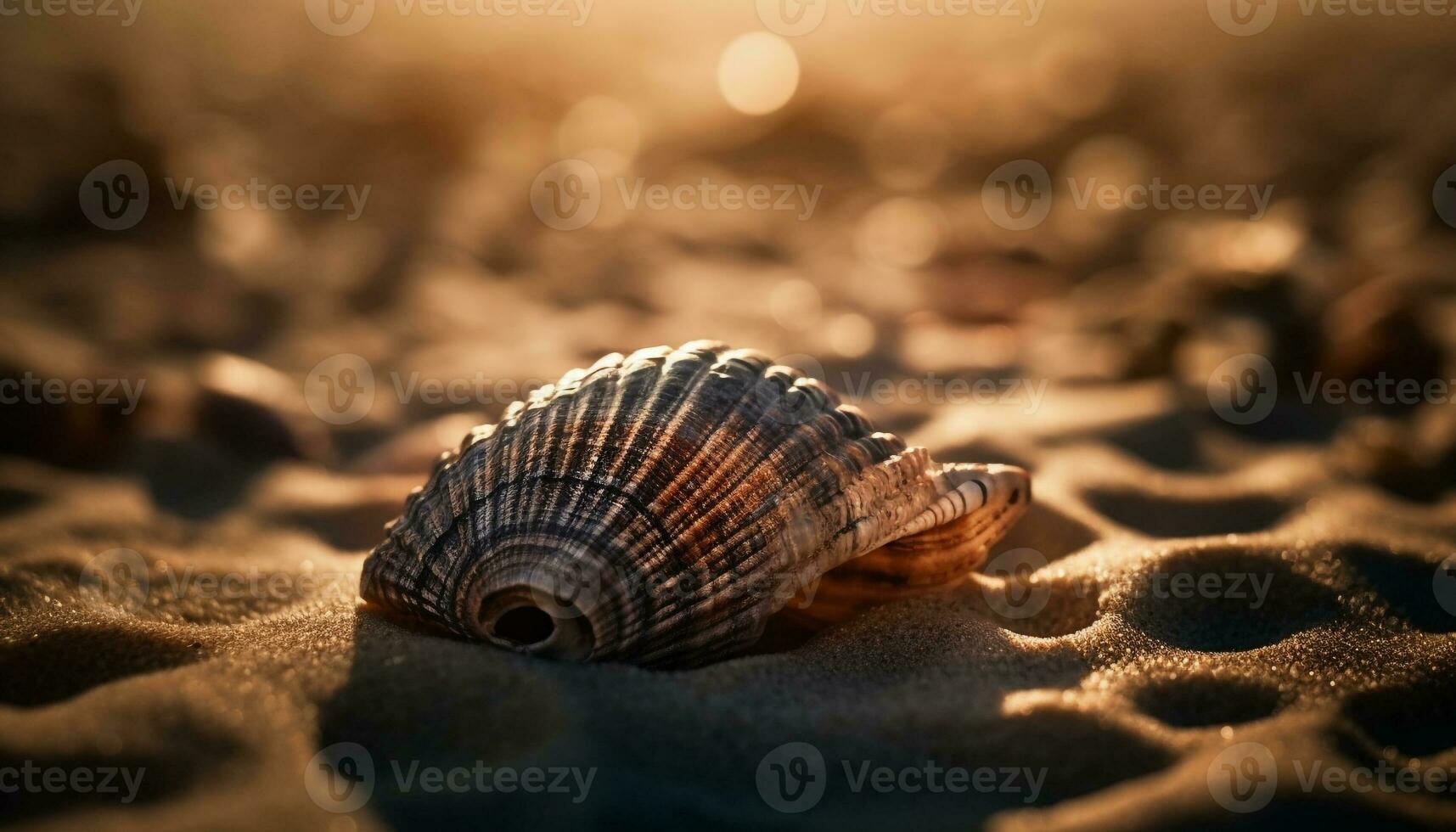 dorado espiral concha, estrella de mar adornar el arena generado por ai foto