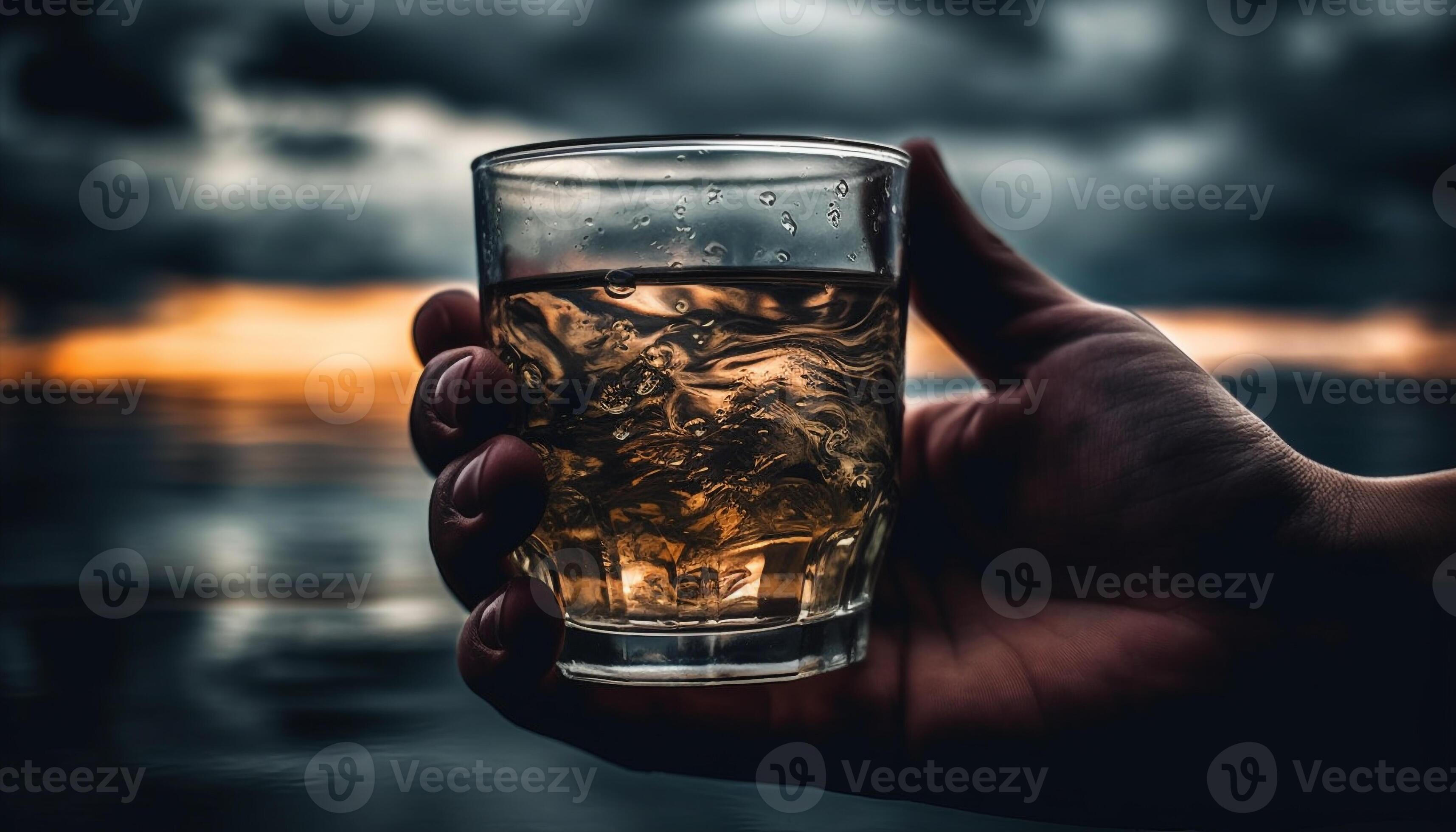 Hand holding whiskey glass, close up at bar generated by AI 25116284