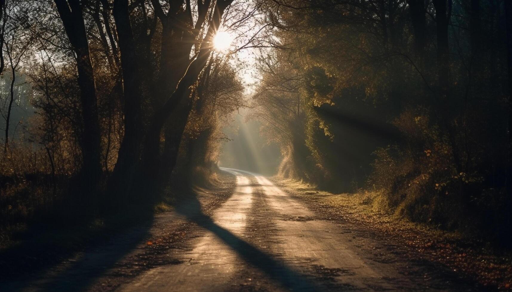 Mysterious forest path, vanishing point, spooky beauty generated by AI photo