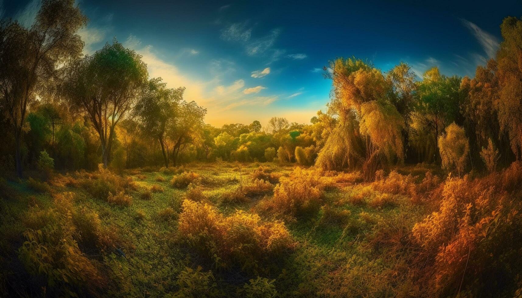 Golden sunlight illuminates tranquil forest meadow scene generated by AI photo