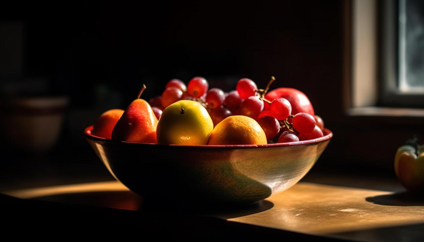 Fresco Fruta cuenco en de madera mesa adentro generado por ai foto