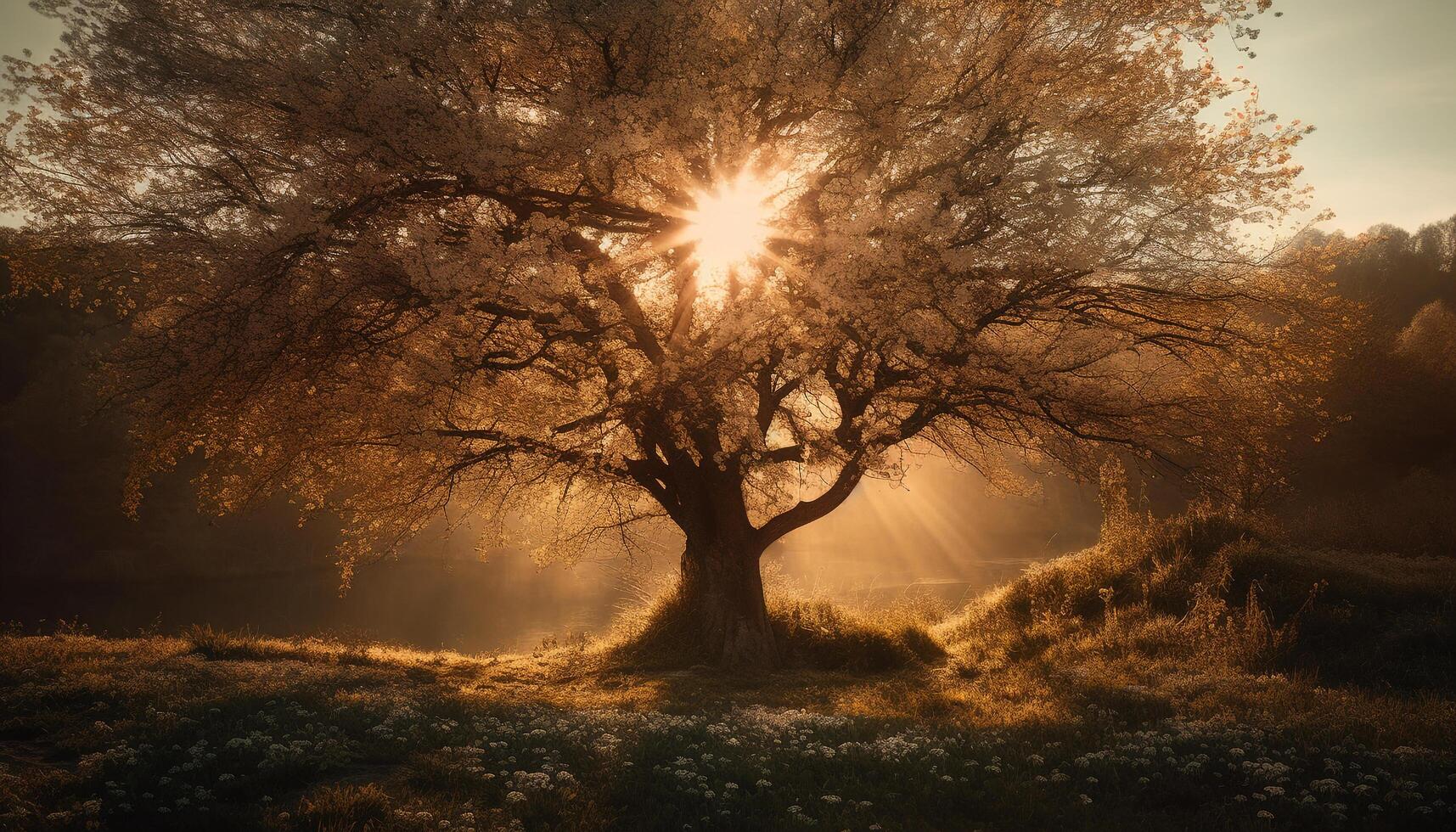 Sunset silhouette, autumn forest, tranquil meadow growth generated by AI photo
