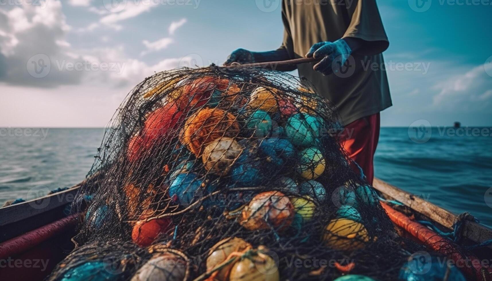 Men on fishing boat catching multi colored fish generated by AI photo