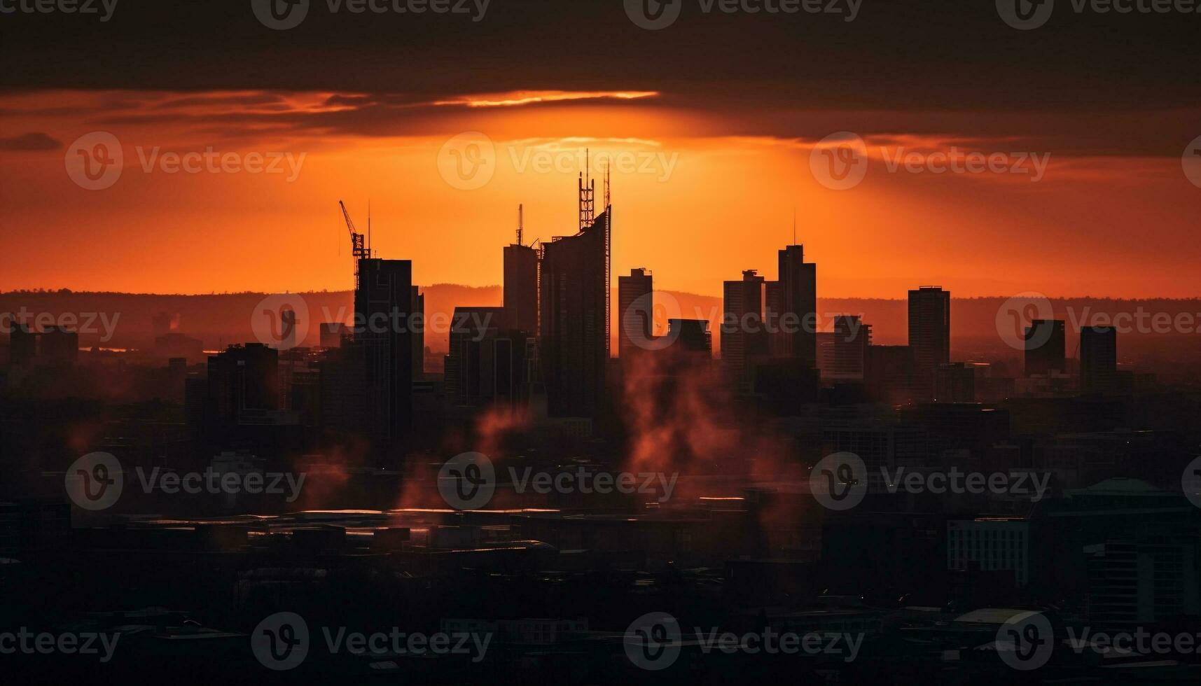 Silhouette skyline glows orange at dusk generated by AI photo