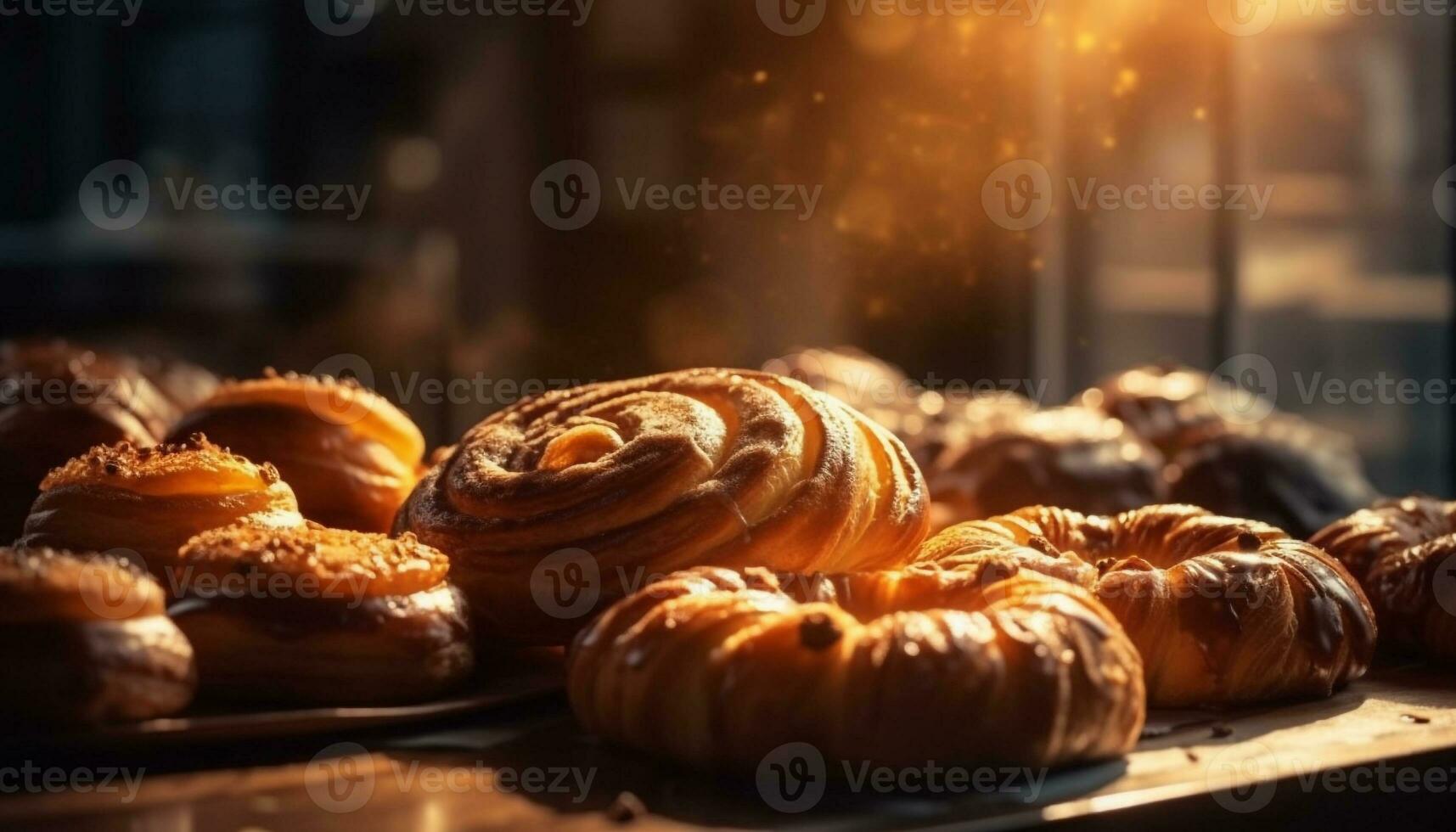 Freshly baked sweet pastries on rustic wood table generated by AI photo