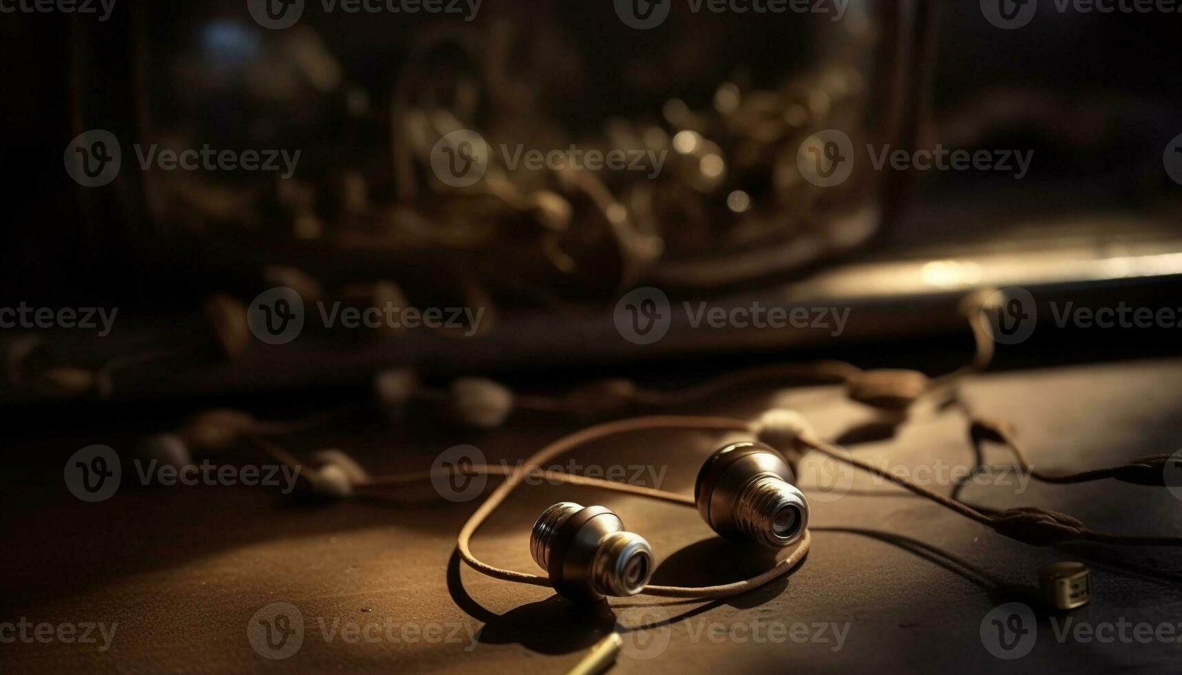 Rustic wood table holds shiny old headphones generated by AI photo