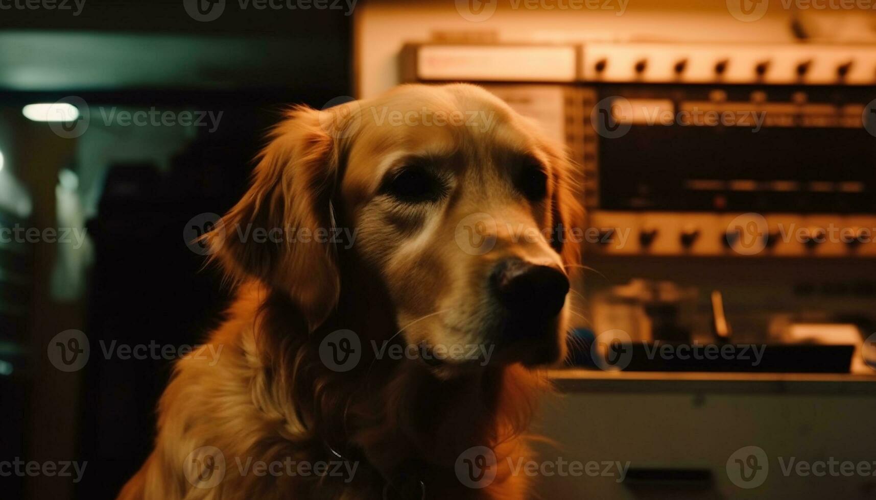 Golden retriever puppy sitting, looking at camera indoors generated by AI photo