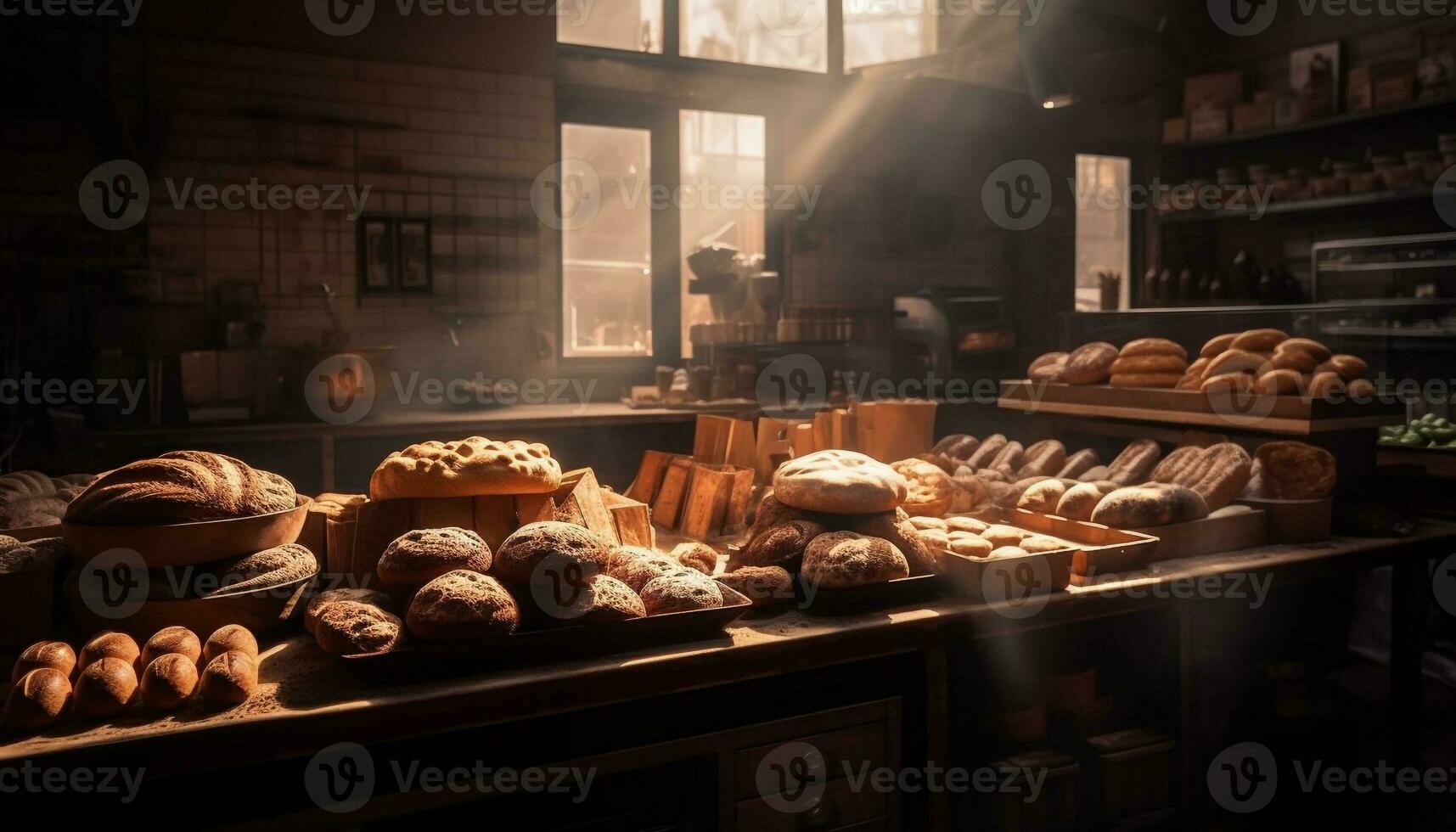 Freshly baked bread and pastries fill store shelves generated by AI photo