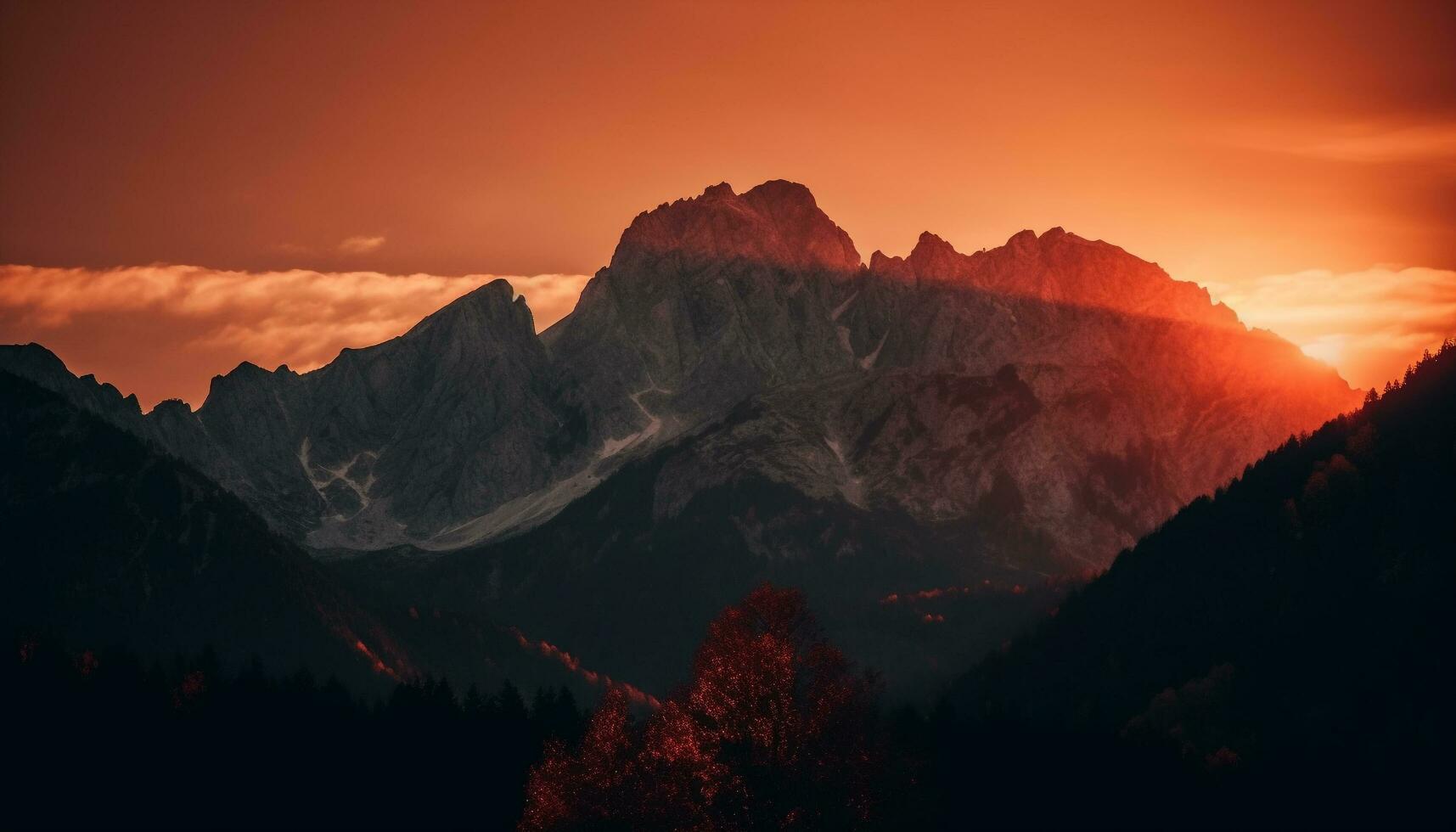 Majestic mountain peak back lit by sunset generated by AI photo