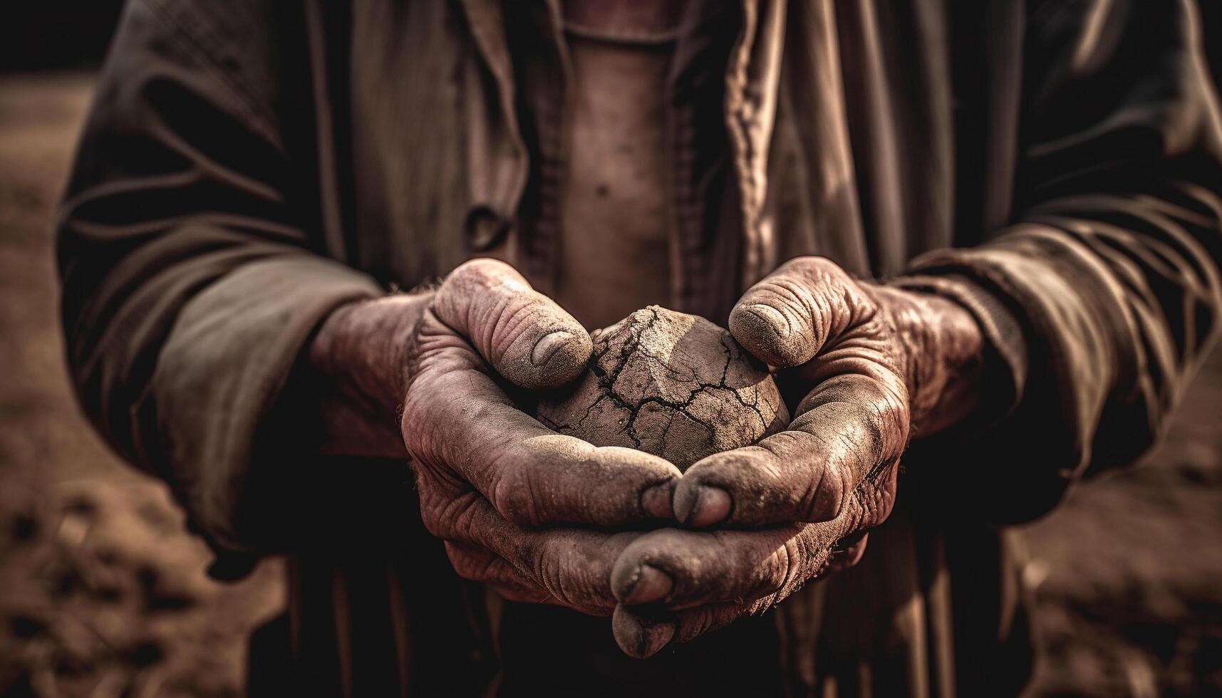 Dirty hand molds clay in outdoor workshop generated by AI photo